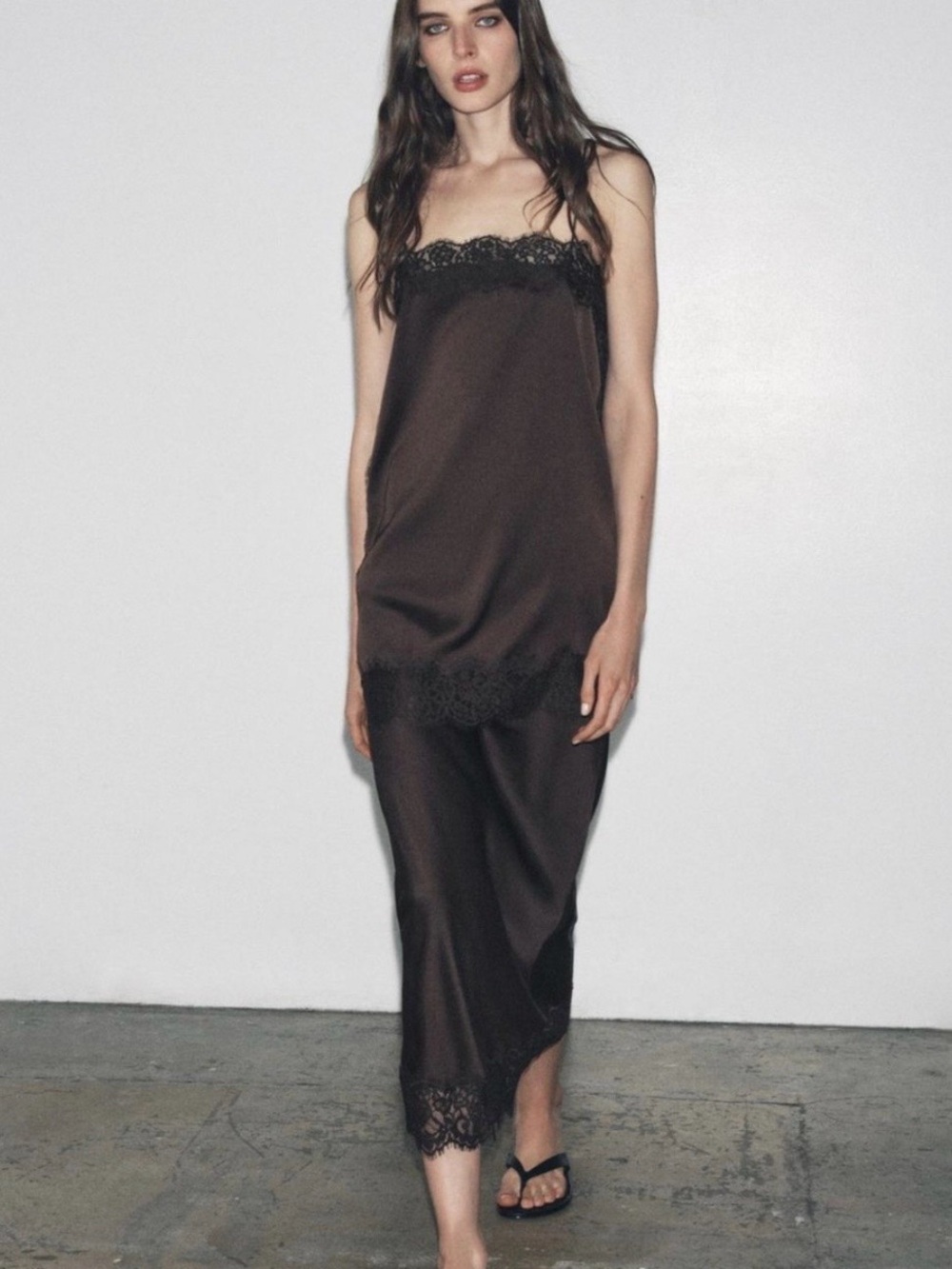 Zara Brown Satin Lace-Trim Skirt